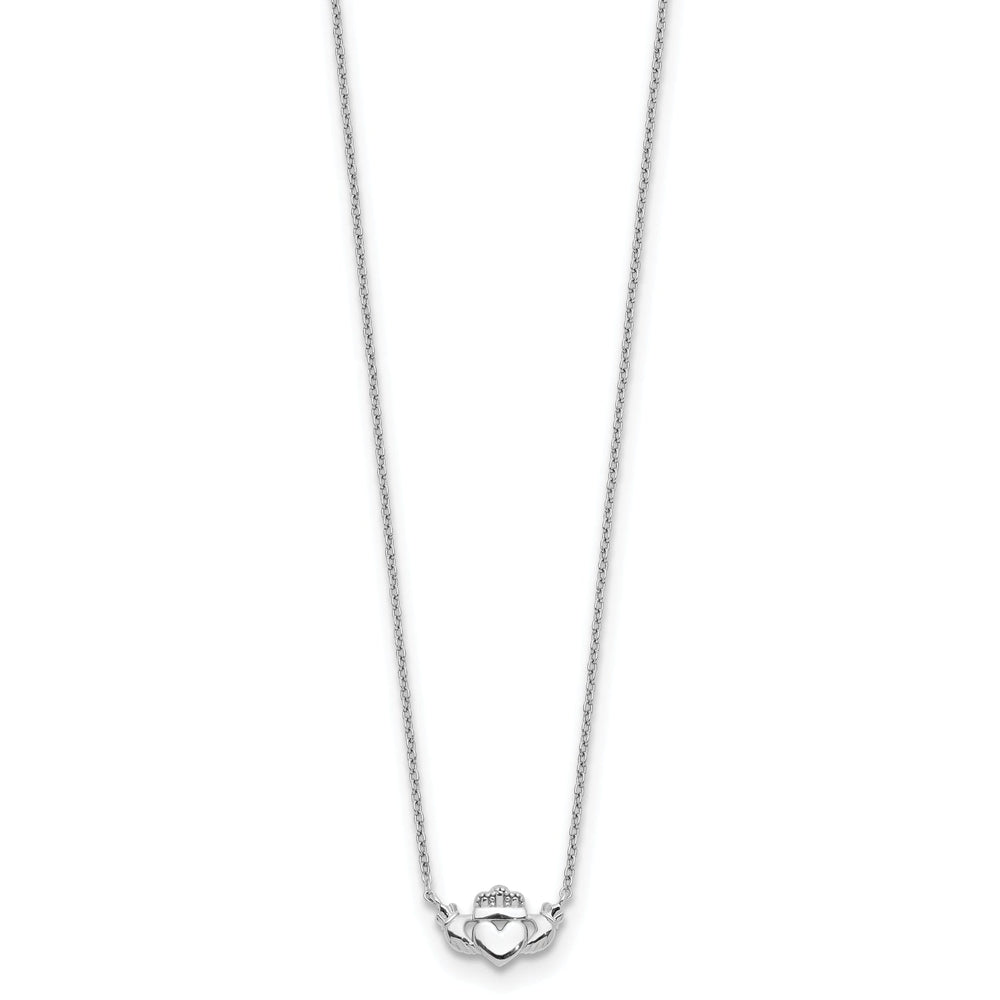 14K White Gold Solid Polished Finish Claddagh Pendant Design in a 17-inch Cable Chain Necklace Set