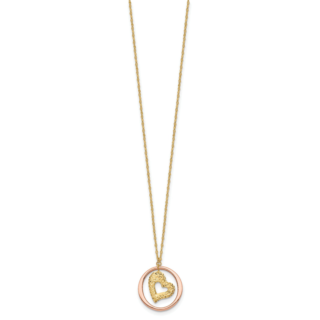 14K Two Tone Gold Polished Finish Fancy Link Heart in Open Circle Design 18-inch Necklace and Pendant