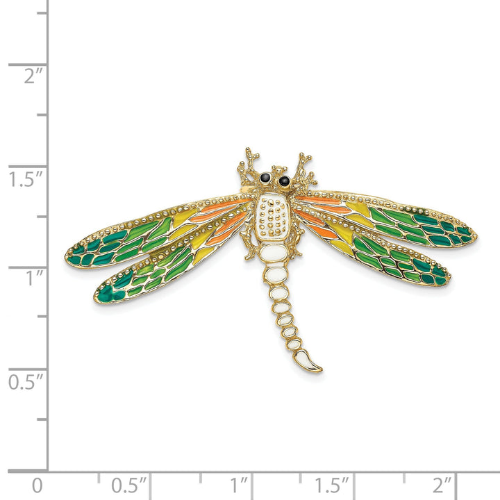 14K Yellow Gold Open Back Polished Multi-Color Enamel Finish Beaded Wings Design Dragonfly Charm Pendant