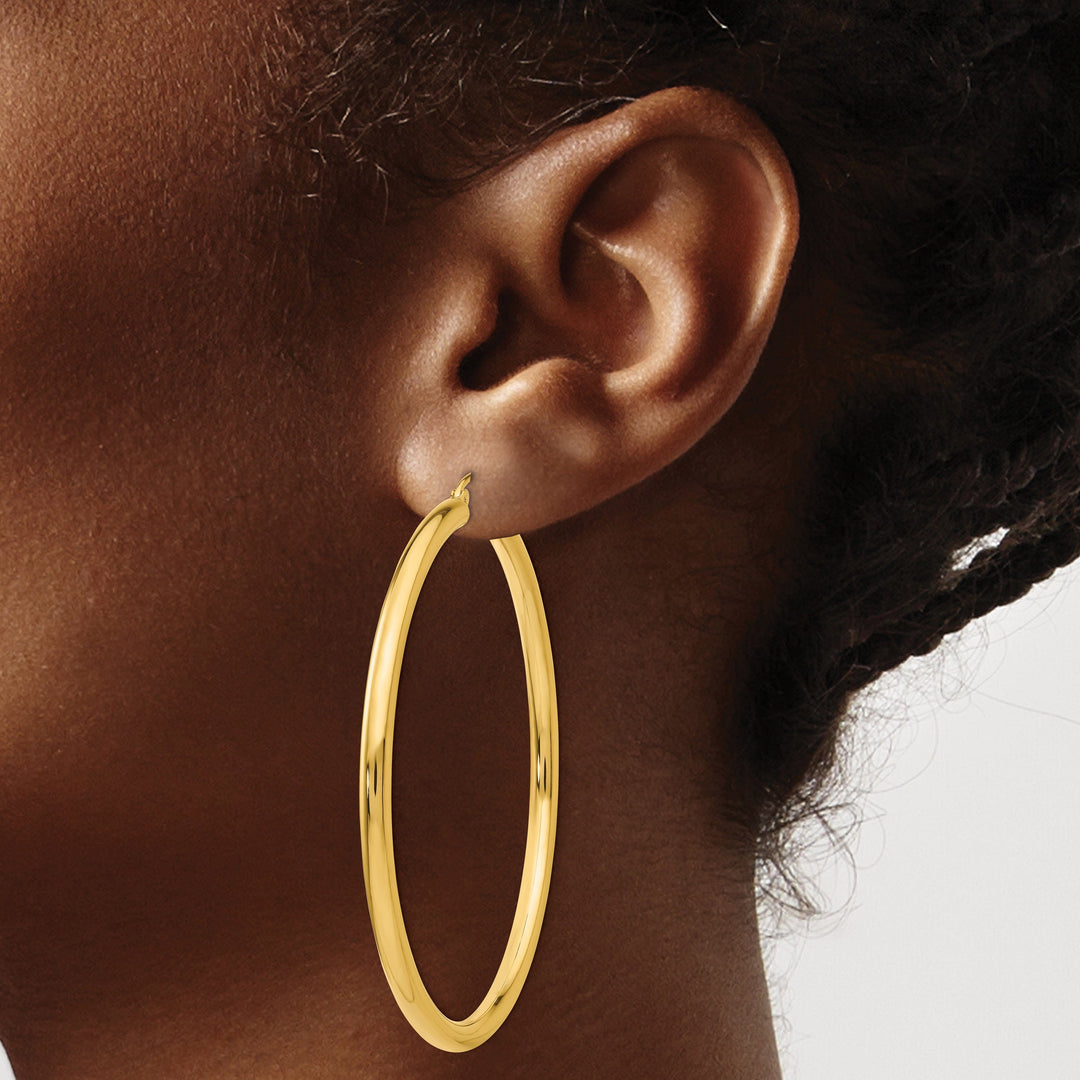 14k Yellow Gold Polished 3MM Round Hoop Earrings