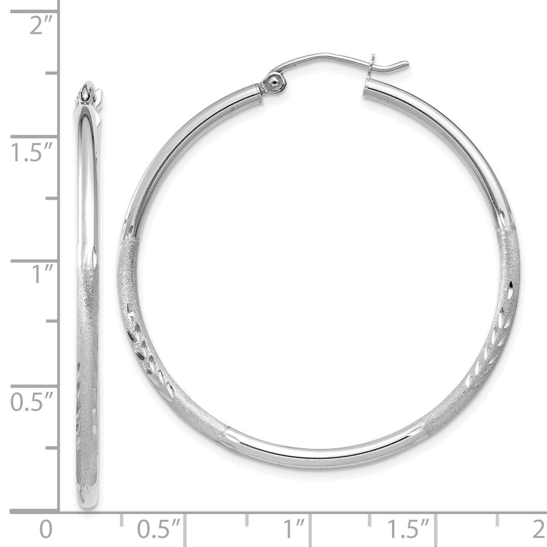 14k White Gold Satin Diamond Cut 2MM Round Hoop