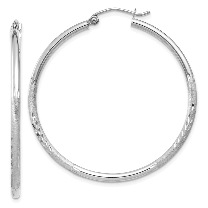 14k White Gold Satin Diamond Cut 2MM Round Hoop