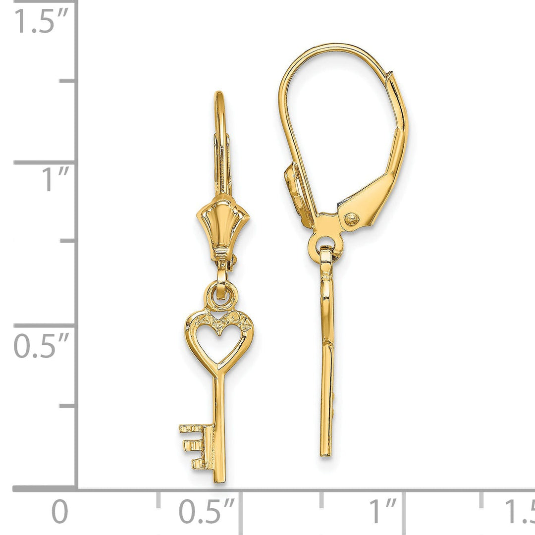 14K Yellow Gold Polished Finish Heart with Key Leverback Earrings