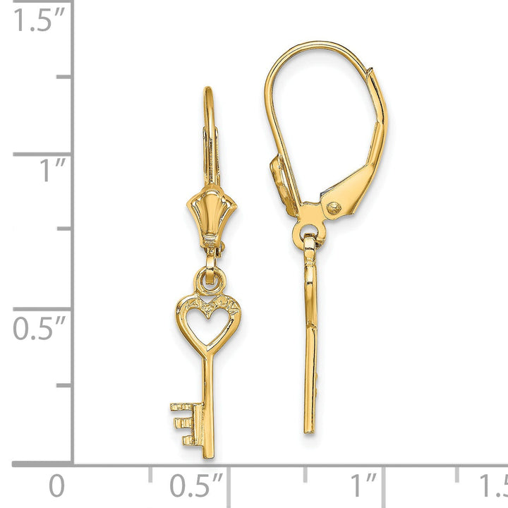 14K Yellow Gold Polished Finish Heart with Key Leverback Earrings