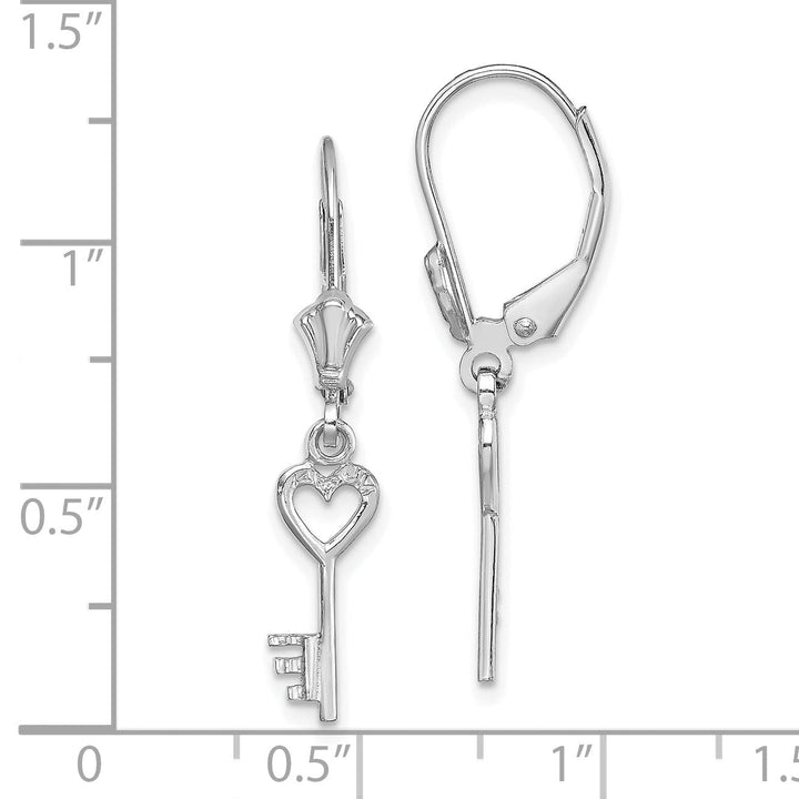 14K White Gold Rhodium Polished Finish Heart with Key Leverback Earrings