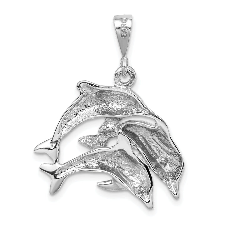 14K White Gold Polished Finish Three Dolphins Swimming Together Charm Pendant