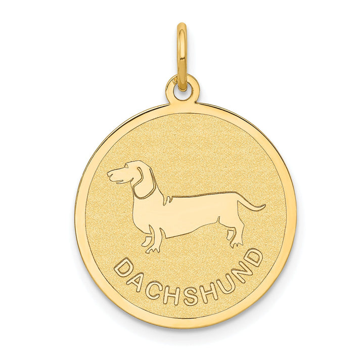 14k Yellow Gold Polished Finish Flat Back Dachshund Dog Engravable Disc Round Shape Charm Pendant