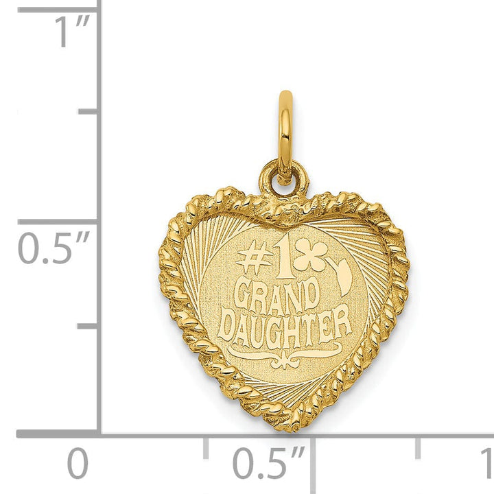 14k Yellow Gold Flat Back Textured Polished Finish Heart Shape #1 GRANDDAUGHTER Ridge Trim Disc Design Charm Pendant