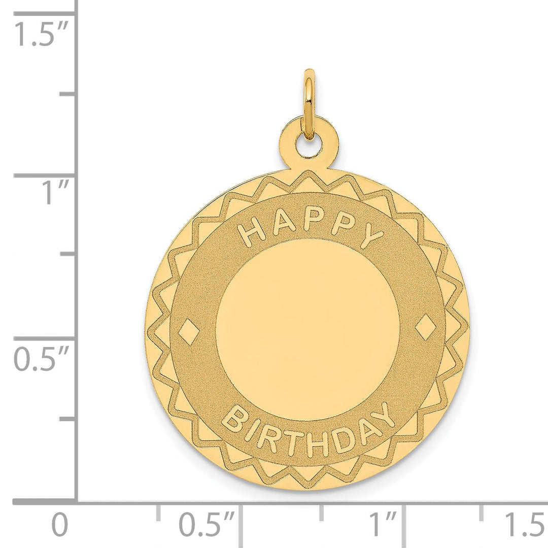 14K Yellow Gold Polished Laser Brush Finish Round Disc Shape HAPPY BIRTHDAY Charm Pendant Design