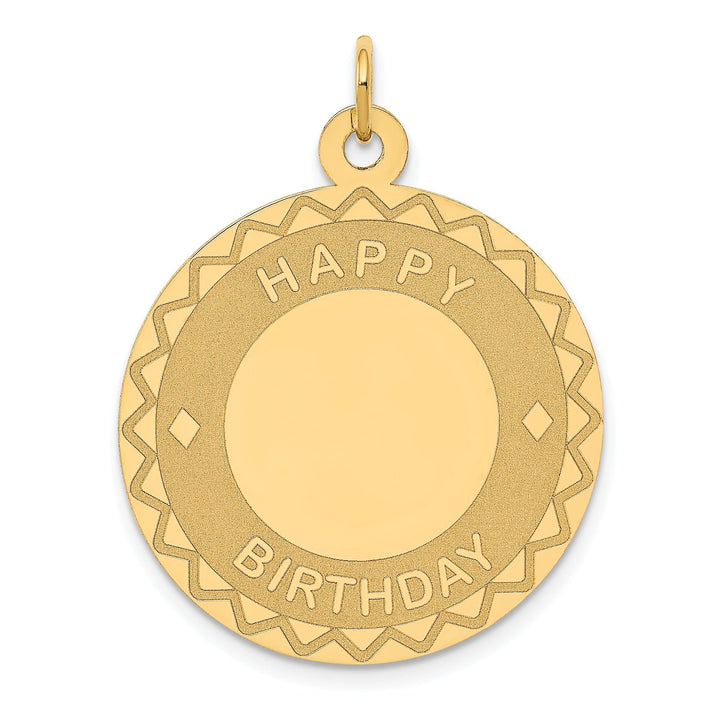 14K Yellow Gold Polished Laser Brush Finish Round Disc Shape HAPPY BIRTHDAY Charm Pendant Design