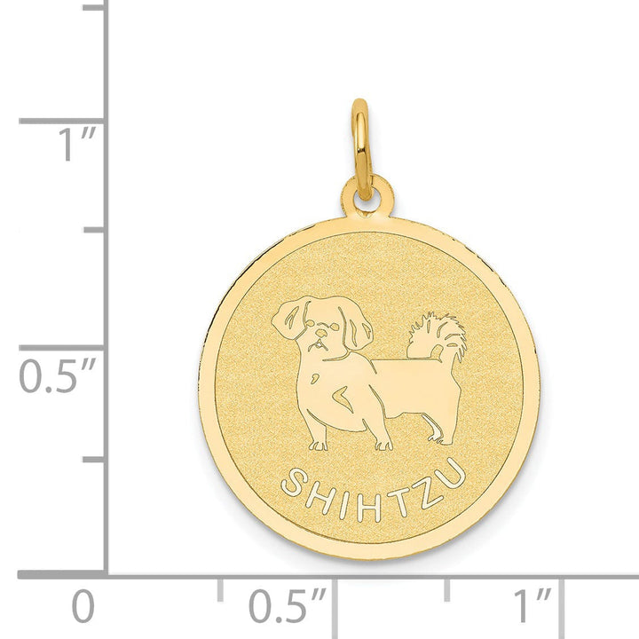 14k Yellow Gold Polished Finish Flat Back Shih Tzu Dog Engravable Disc Round Shape Charm Pendant