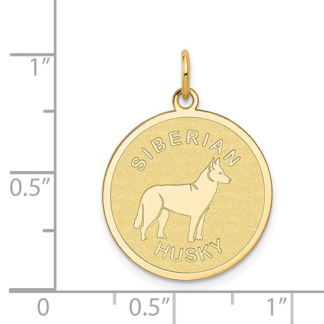 14k Yellow Gold Polished Finish Flat Back Siberian Husky Dog Engravable Disc Round Shape Charm Pendant