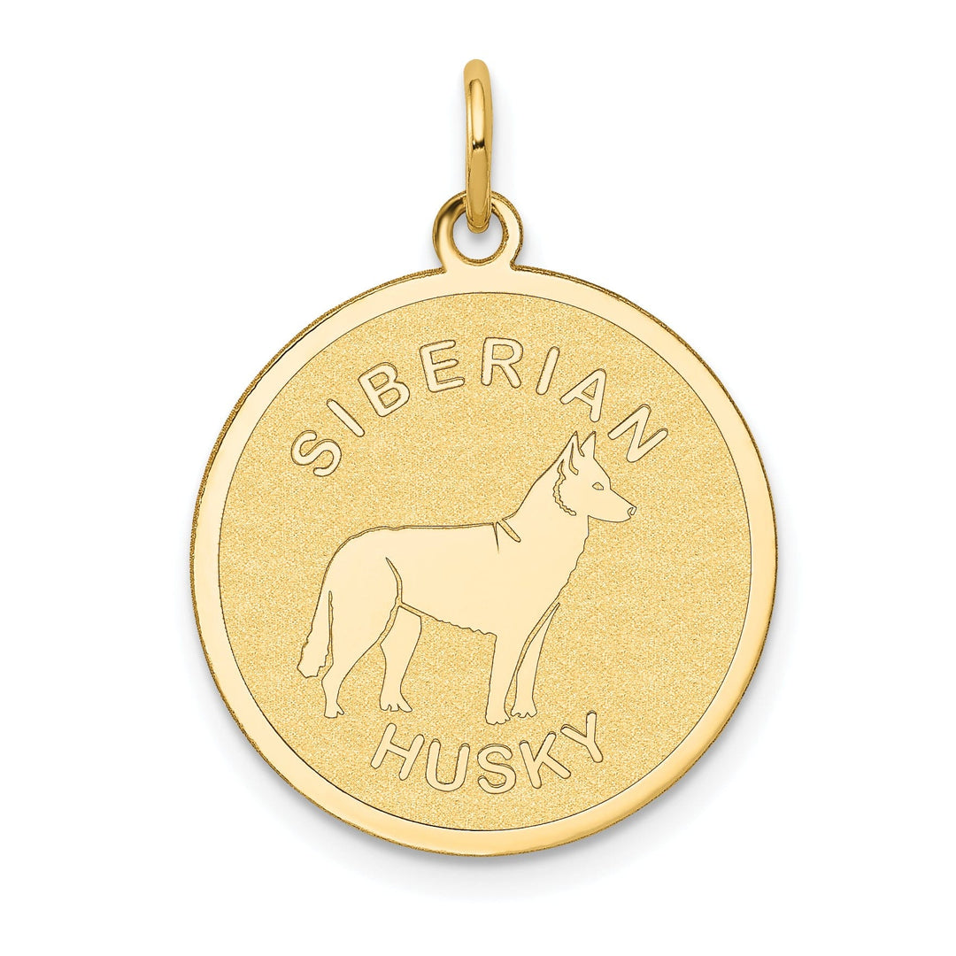 14k Yellow Gold Polished Finish Flat Back Siberian Husky Dog Engravable Disc Round Shape Charm Pendant