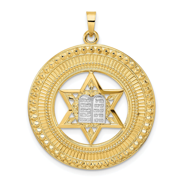 14k Yellow Gold Unisex Solid Star and Torah Inside Disc Frame Pendant