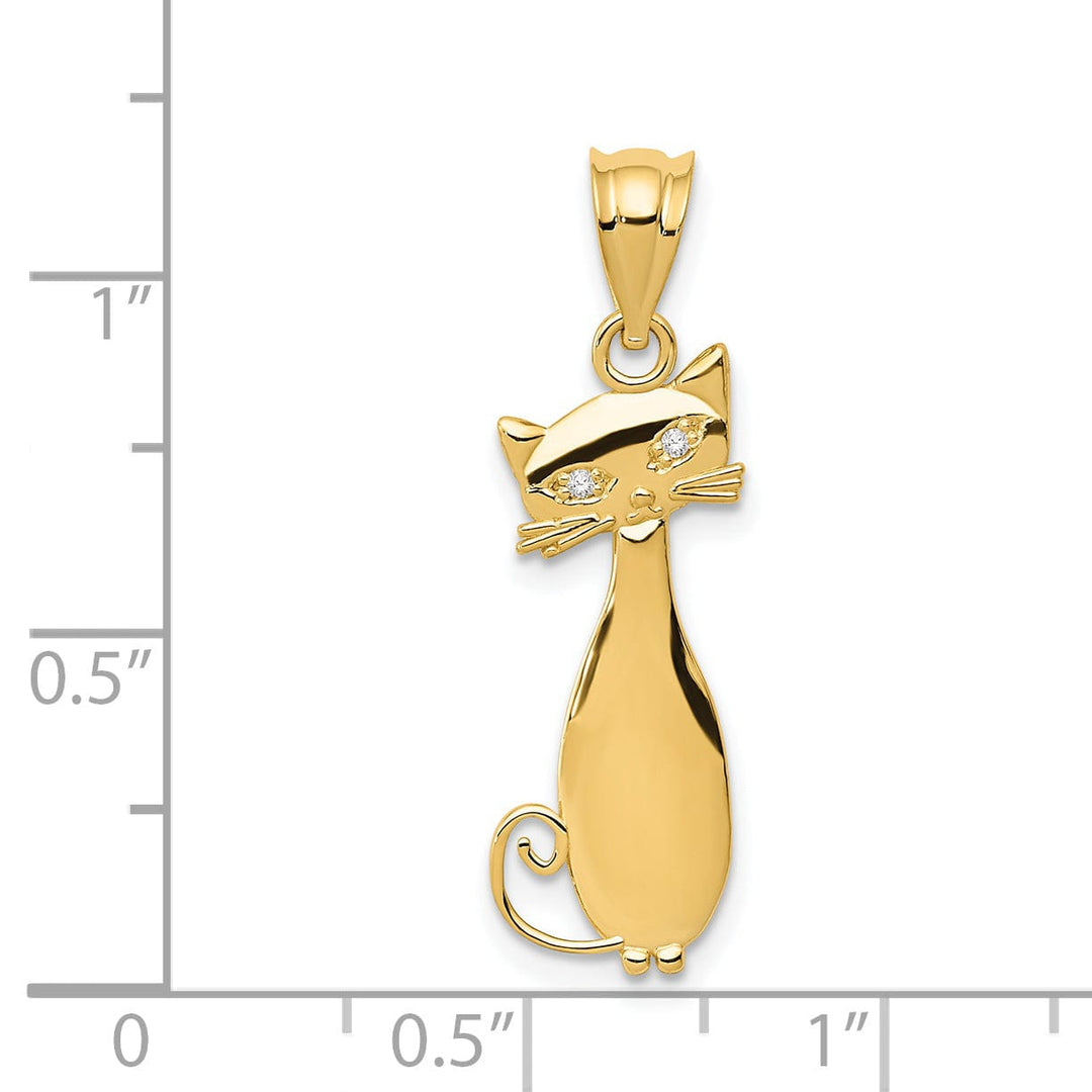 14k Yellow Gold Soild Polished Finish Cat Sitting with Diamond Eyes Charm Pendant