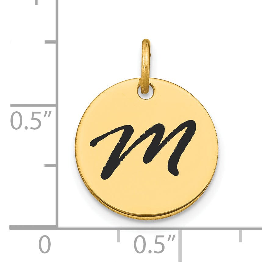 14k Yellow Gold Polished Black Epoxy Finish Letter M Initial Disk Shape Charm Pendant