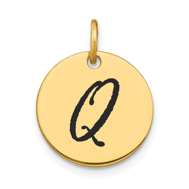 14k Yellow Gold Polished Black Epoxy Finish Letter Q Initial Disk Shape Charm Pendant