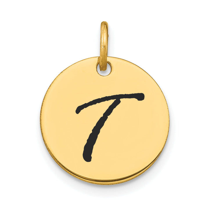 14k Yellow Gold Polished Black Epoxy Finish Letter T Initial Disk Shape Charm Pendant