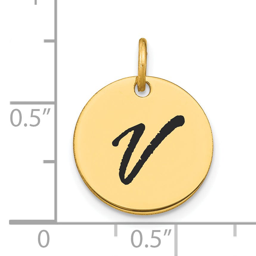 14k Yellow Gold Polished Black Epoxy Finish Letter V Initial Disk Shape Charm Pendant