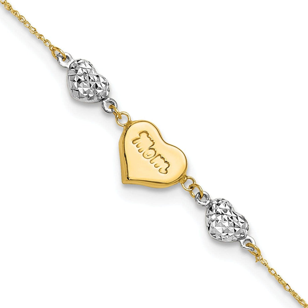 Lovely Rita's Bracelets 14K Two Tone gold Puffed MOM Heart 7inch Bracelet 1-inch ext.