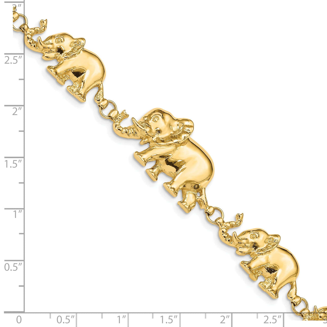 Lovely Rita's Bracelets 14k yellow gold elephants walking bracelet. Solid polished finish, 7-inch, 17-mm wide