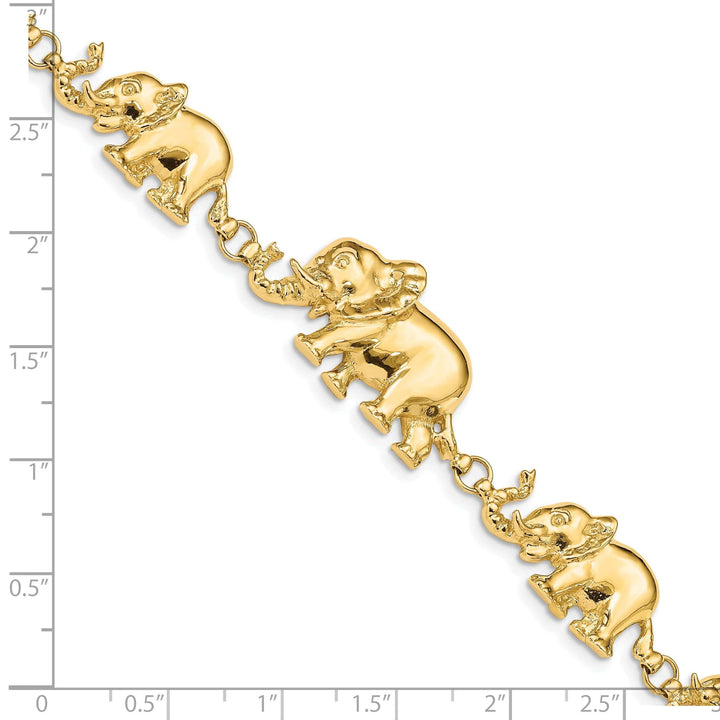 Lovely Rita's Bracelets 14k yellow gold elephants walking bracelet. Solid polished finish, 7-inch, 17-mm wide