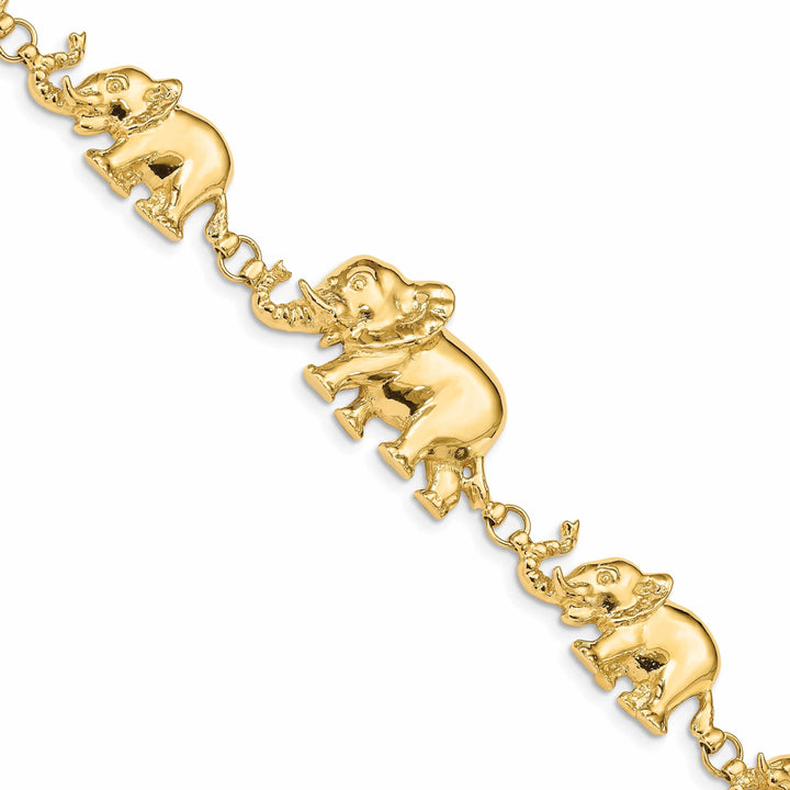 Lovely Rita's Bracelets 14k yellow gold elephants walking bracelet. Solid polished finish, 7-inch, 17-mm wide