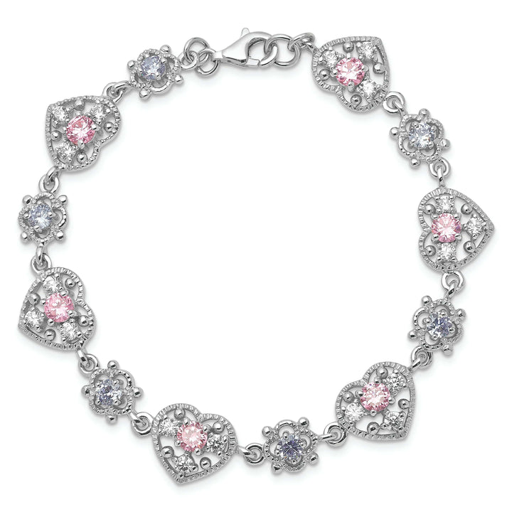 Lovely Rita's Bracelets Silver Pink Clear Cubic Zirconia Heart Bracelet