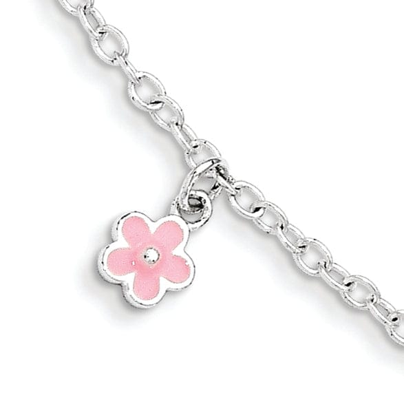 Lovely Rita's Bracelets Silver Pink Enamel Dangle Flower Kids Bracelet