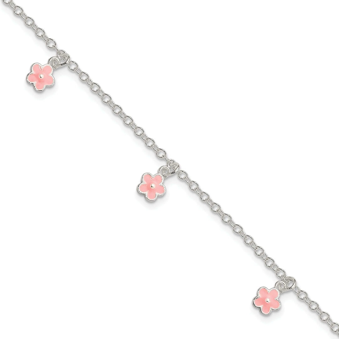 Lovely Rita's Bracelets Silver Pink Enamel Dangle Flower Kids Bracelet