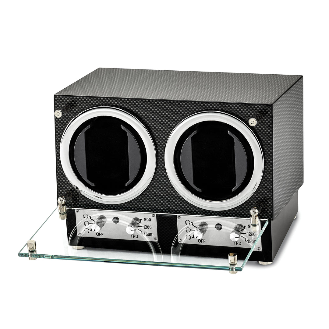 Lovely Rita's Dual Watch Winders Luxury Giftware Engravable High Gloss Carbon Fiber Finish Glass Door Dual Watch Winder.