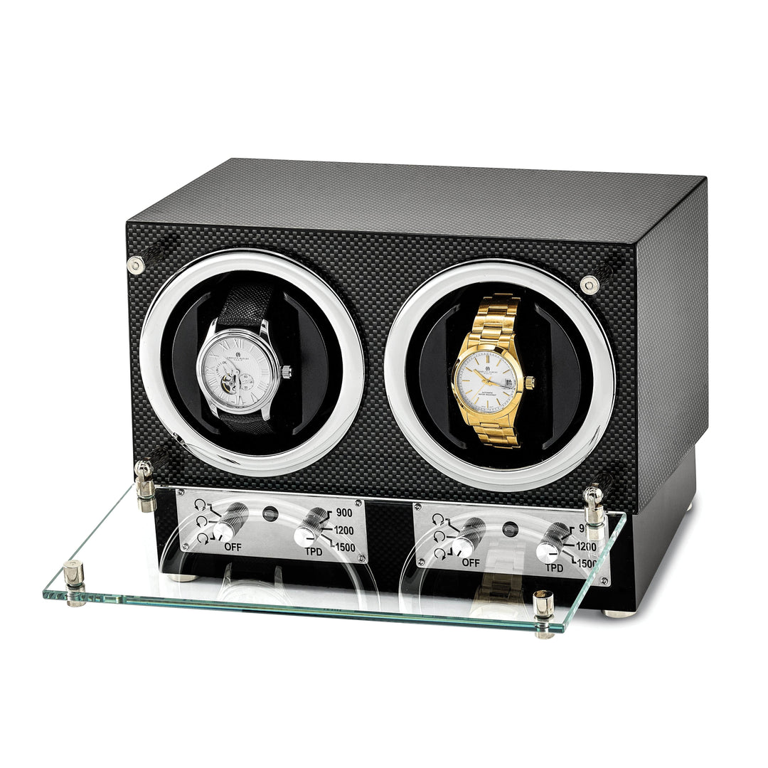 Lovely Rita's Dual Watch Winders Luxury Giftware Engravable High Gloss Carbon Fiber Finish Glass Door Dual Watch Winder.
