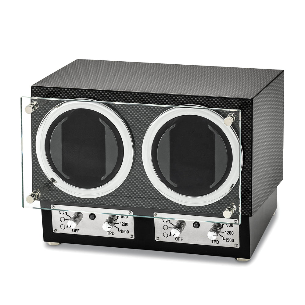 Lovely Rita's Dual Watch Winders Luxury Giftware Engravable High Gloss Carbon Fiber Finish Glass Door Dual Watch Winder.