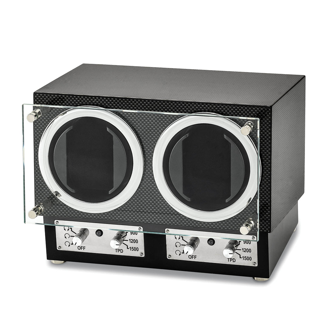 Lovely Rita's Dual Watch Winders Luxury Giftware Engravable High Gloss Carbon Fiber Finish Glass Door Dual Watch Winder.