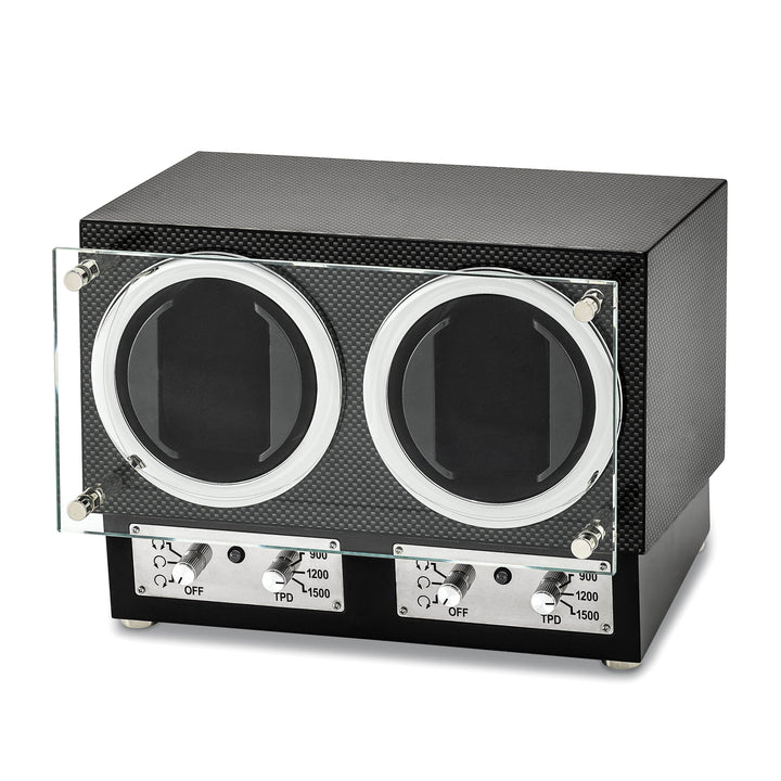 Lovely Rita's Dual Watch Winders Luxury Giftware Engravable High Gloss Carbon Fiber Finish Glass Door Dual Watch Winder.