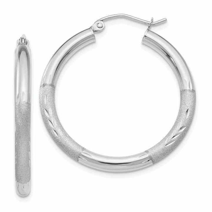 Lovely Rita's Earrings 10k White Gold Satin Diamond Cut Round Hoop Earrings