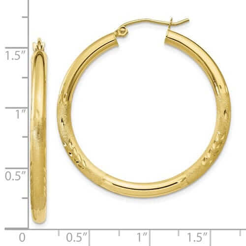Lovely Rita's Earrings 10k Yellow Gold Satin Diamond Cut Round Hoop Earring