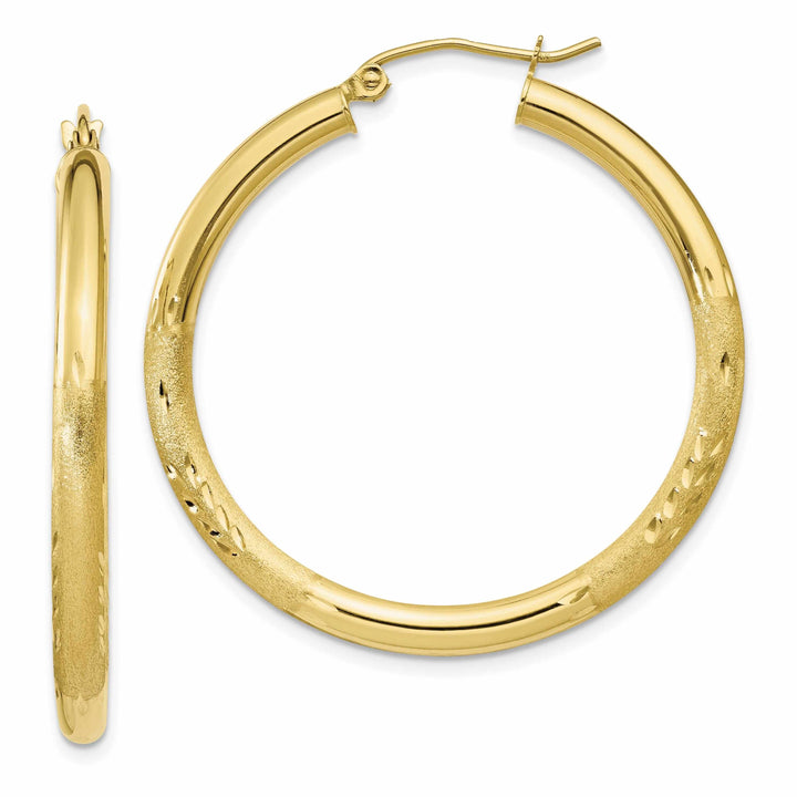 Lovely Rita's Earrings 10k Yellow Gold Satin Diamond Cut Round Hoop Earring