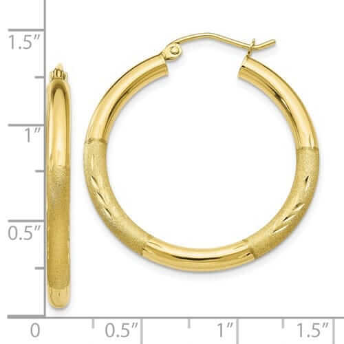Lovely Rita's Earrings 10k Yellow Gold Satin Diamond Cut Round Hoop Earring