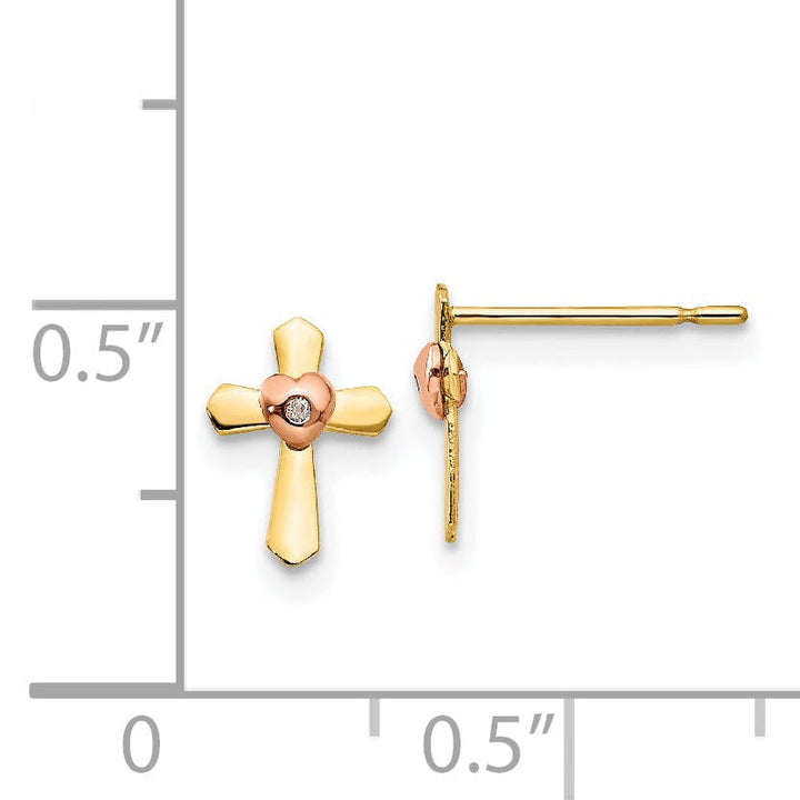 Lovely Rita's Earrings 14k Two-tone Gold Cross Heart Post Earrings