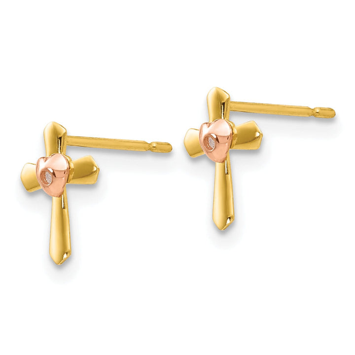 Lovely Rita's Earrings 14k Two-tone Gold Cross Heart Post Earrings