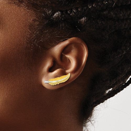 Lovely Rita's Earrings 14k Two Tone Gold Feather Climber Earrings