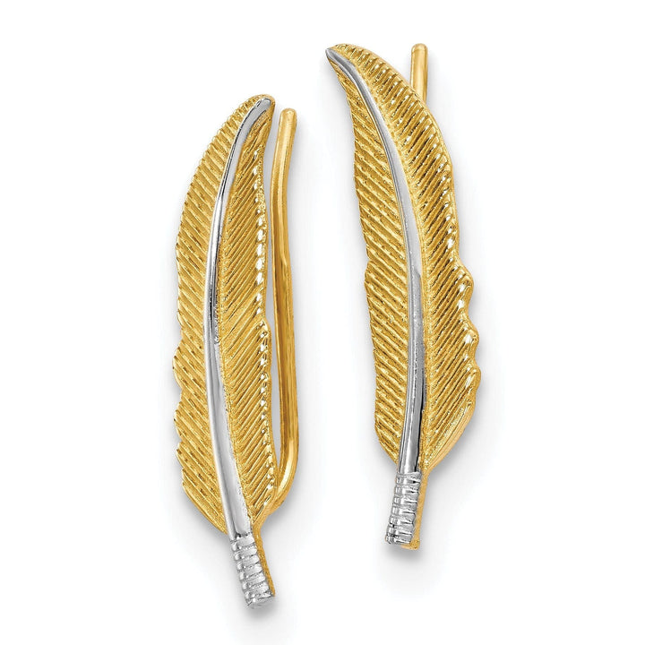 Lovely Rita's Earrings 14k Two Tone Gold Feather Climber Earrings