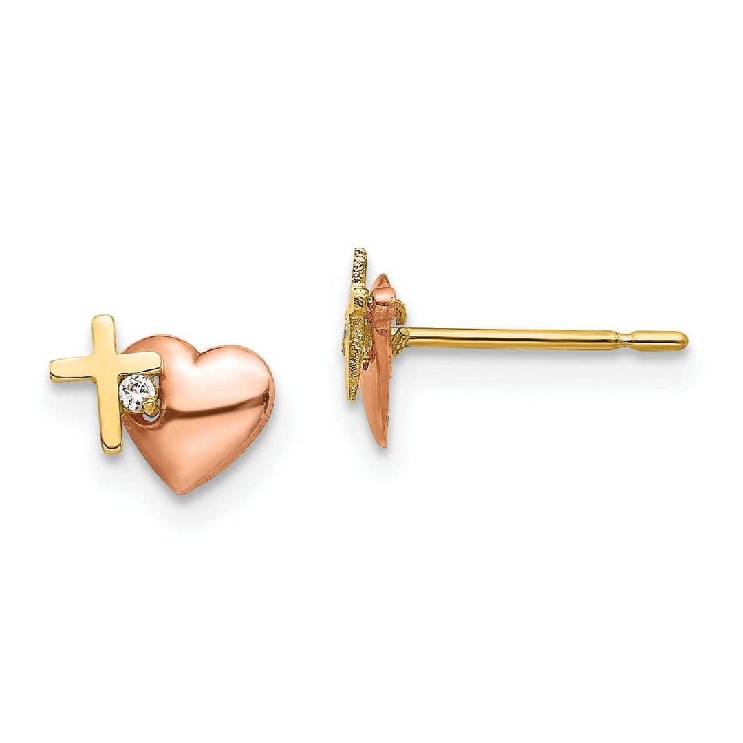 Lovely Rita's Earrings 14k Two-tone Gold Heart and Cross Post Earrings