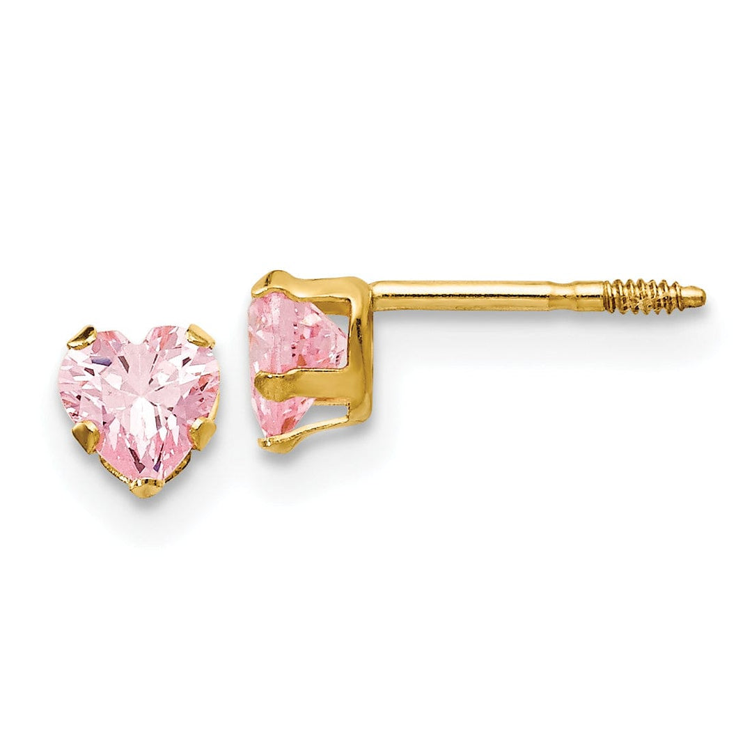 Lovely Rita's Earrings 14k Yellow Gold 4mm Pink C.Z Heart Earrings