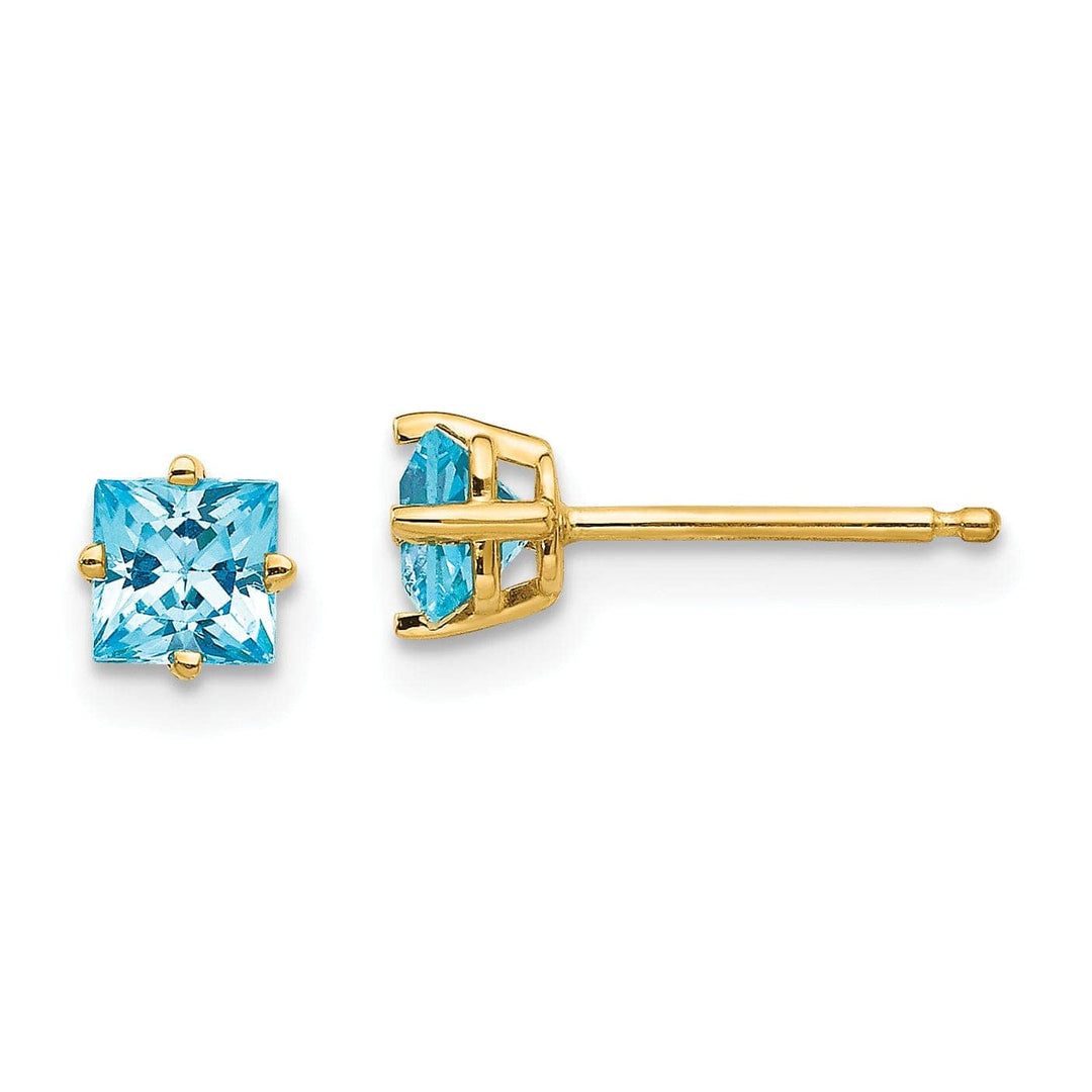 Lovely Rita's Earrings 14k Yellow Gold 4MM Princess Cut Blue Topaz Earrin