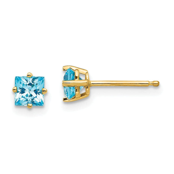 Lovely Rita's Earrings 14k Yellow Gold 4MM Princess Cut Blue Topaz Earrin