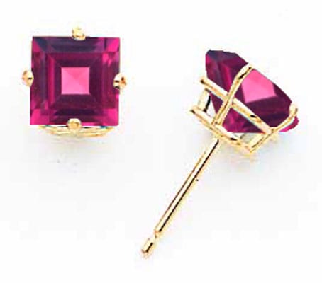 Lovely Rita's Earrings 14k Yellow Gold 6MM Princess Cut Rhodalite Garnet