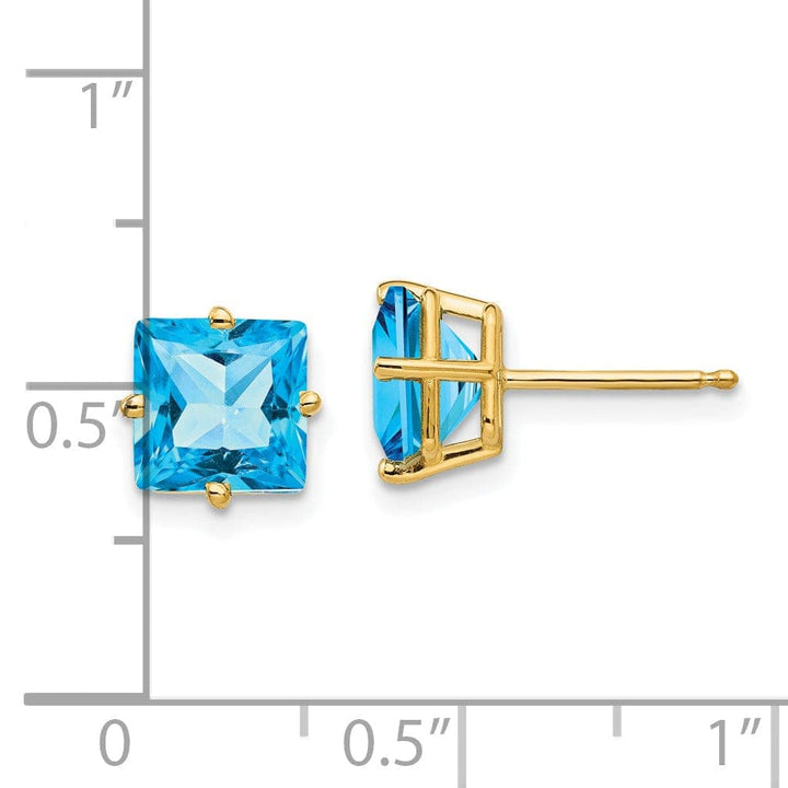 Lovely Rita's Earrings 14k Yellow Gold 7MM Princess Cut Blue Topaz Earrin