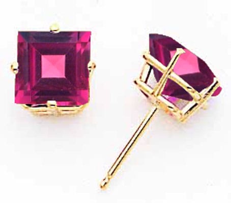 Lovely Rita's Earrings 14k Yellow Gold 7MM Princess Cut Rhodalite Garnet
